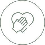 Hand on heart icon in black circle.
