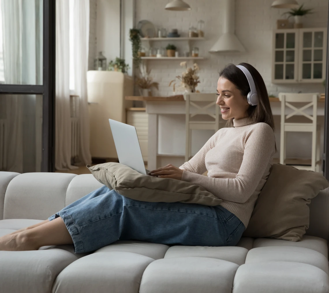 Woman relaxing on couch with laptop, headphones.